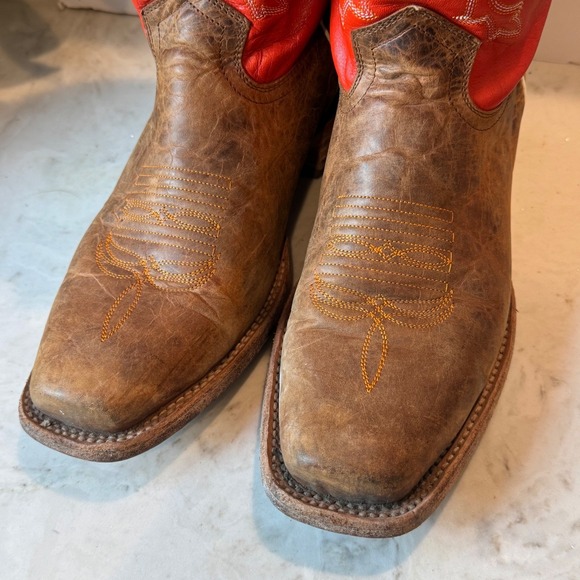 J.B. Dillon Cowboy Western Boots Womens 10 B USA Made Red Tan Leather Square Toe - Picture 4 of 9